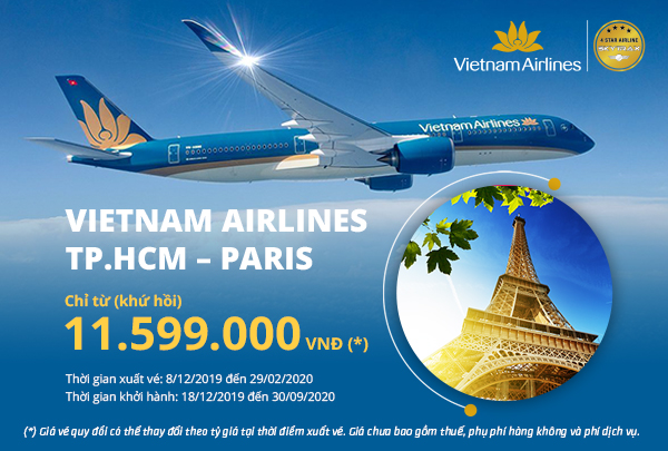 Bay khứ hồi TP.HCM đi Paris giá hấp dẫn từ Vietnam Airlines